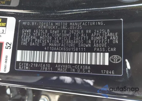 2025 Toyota Camry Se из США, поврежденный, VIN 4T1DAACK6SU158111